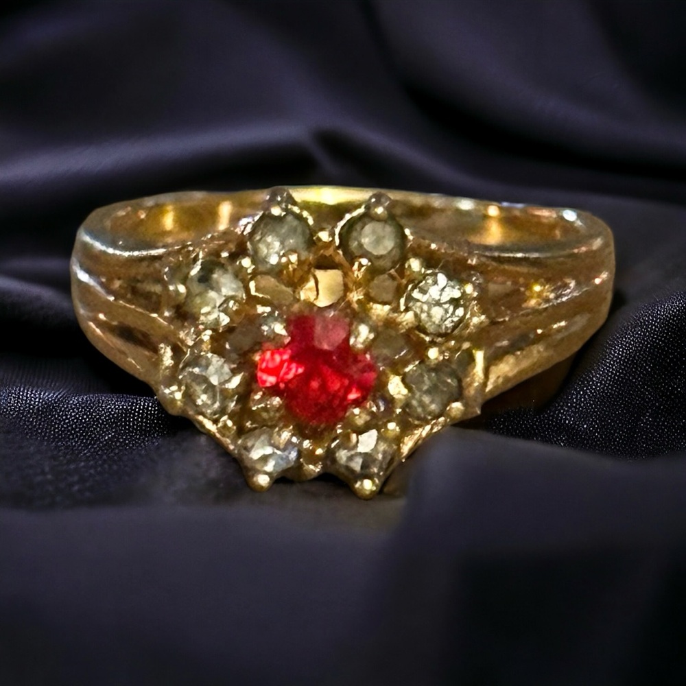 Vintage Simulated Ruby With Clear Rhinestones Ring - image 1